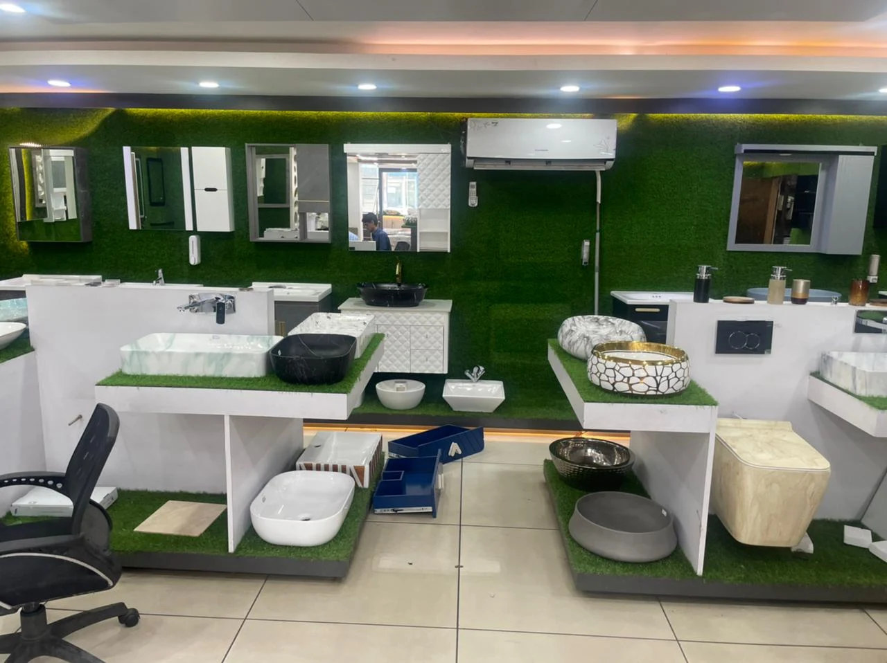 Basins, vanities and mirrors on the showroom floor