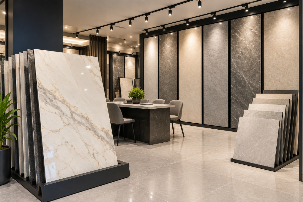 Basins, vanities and mirrors on the showroom floor